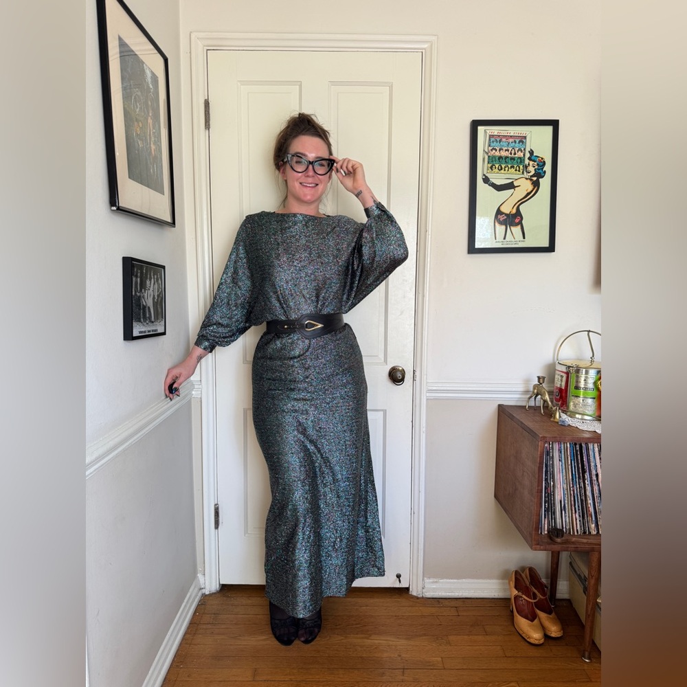 80s Vintage Maxi Length Batwing Sleeve Lurex Dress - Picture 5 of 9